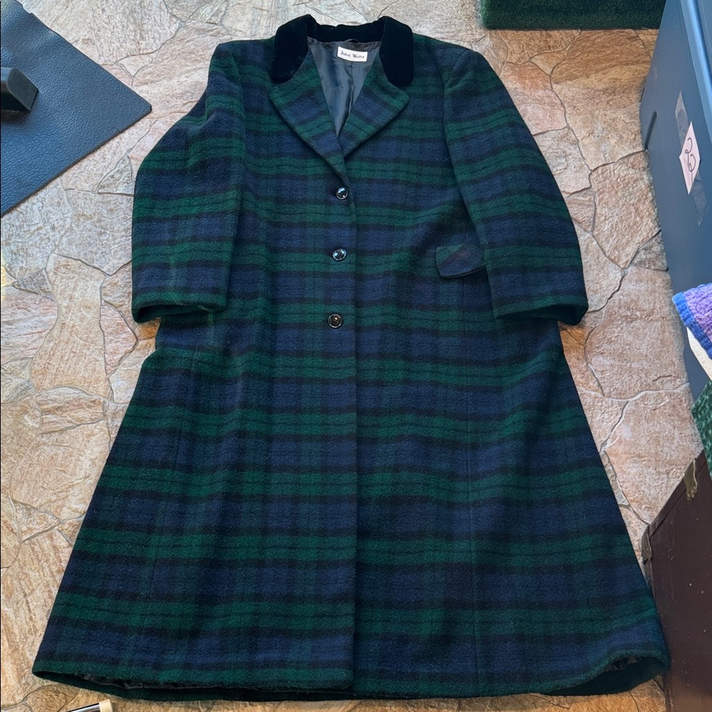 John Weitz Plaid Trench Coat in Green, Black and Blue with Black Velvet Collar